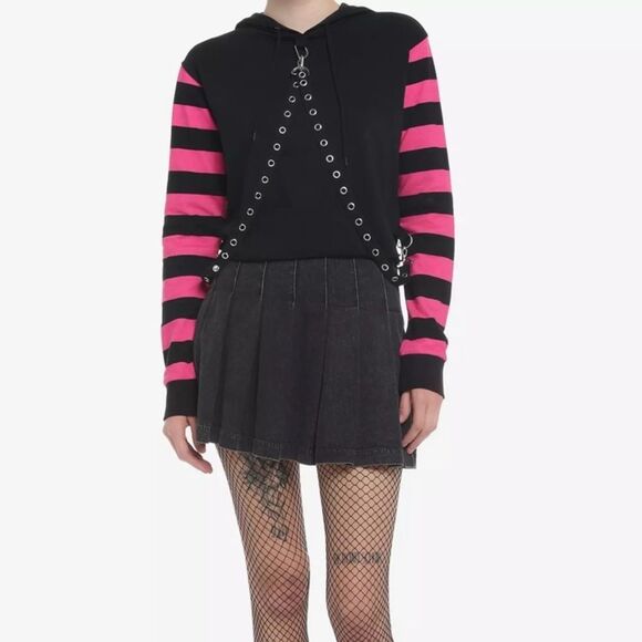 Hot Topic Social Collusion Black & Pink Stripe Harness Girls Crop Hoodie - Picture 1 of 6